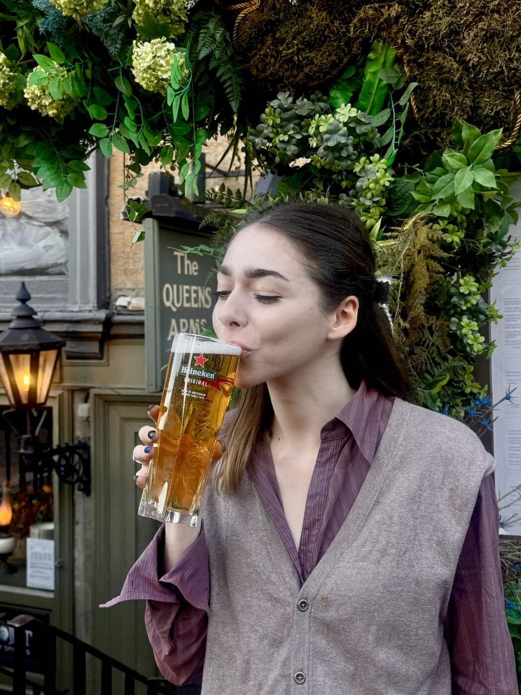 Pint outside The Queens Arms