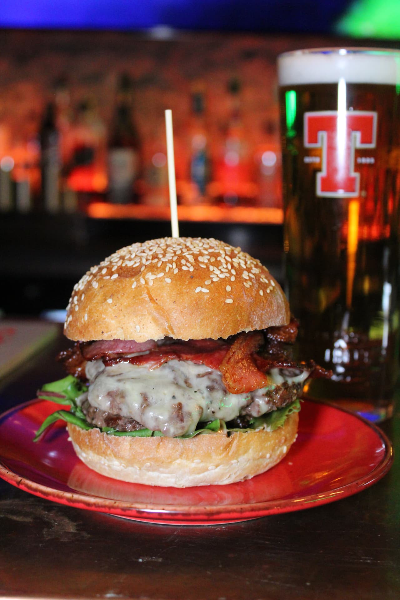 Bacon cheeseburger and a pint