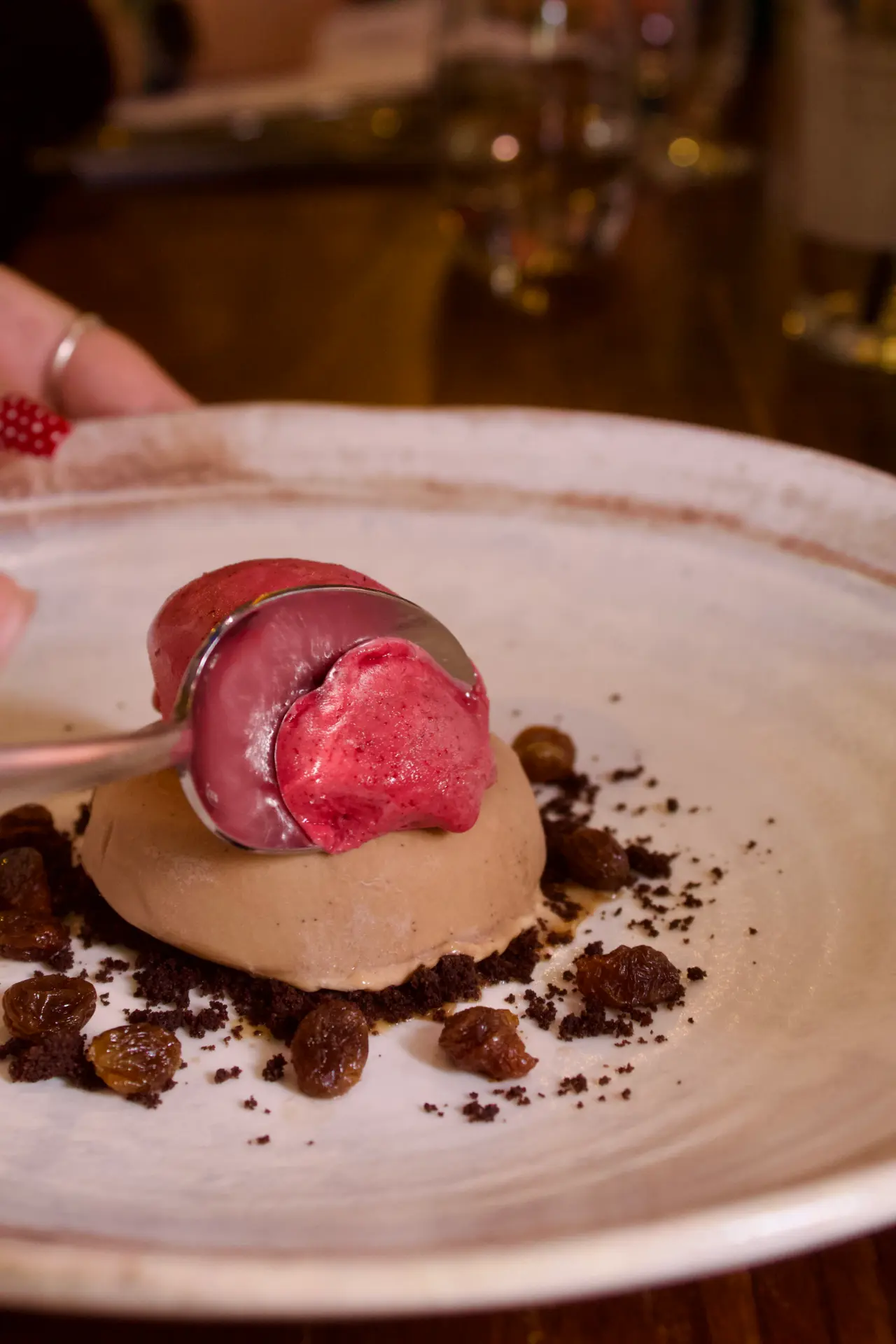 Sorbet over chocolate mousse